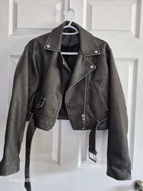 (S)Womens Gray Cropped Moto Jacket - Unbranded